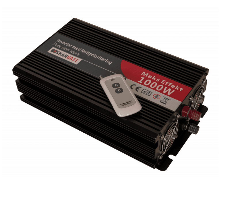 SKANBATT Inverter 12V 1000W Ren Sinus med Nettprioritering og Trådløs Fjernkontroll